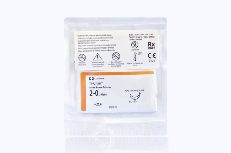 Medtronic TiCron blue/white 8 x 30" Y-5 penetrating taper, double armed (8 per packet) with 7mm Pledget